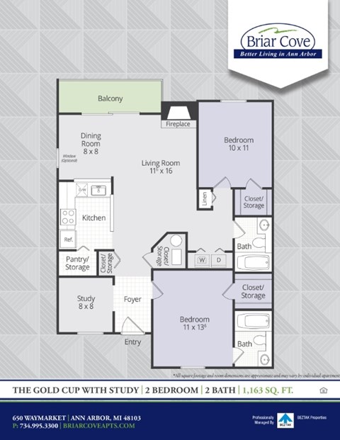 A floor plan for a home with a living room, two bedrooms, and a bathroom.